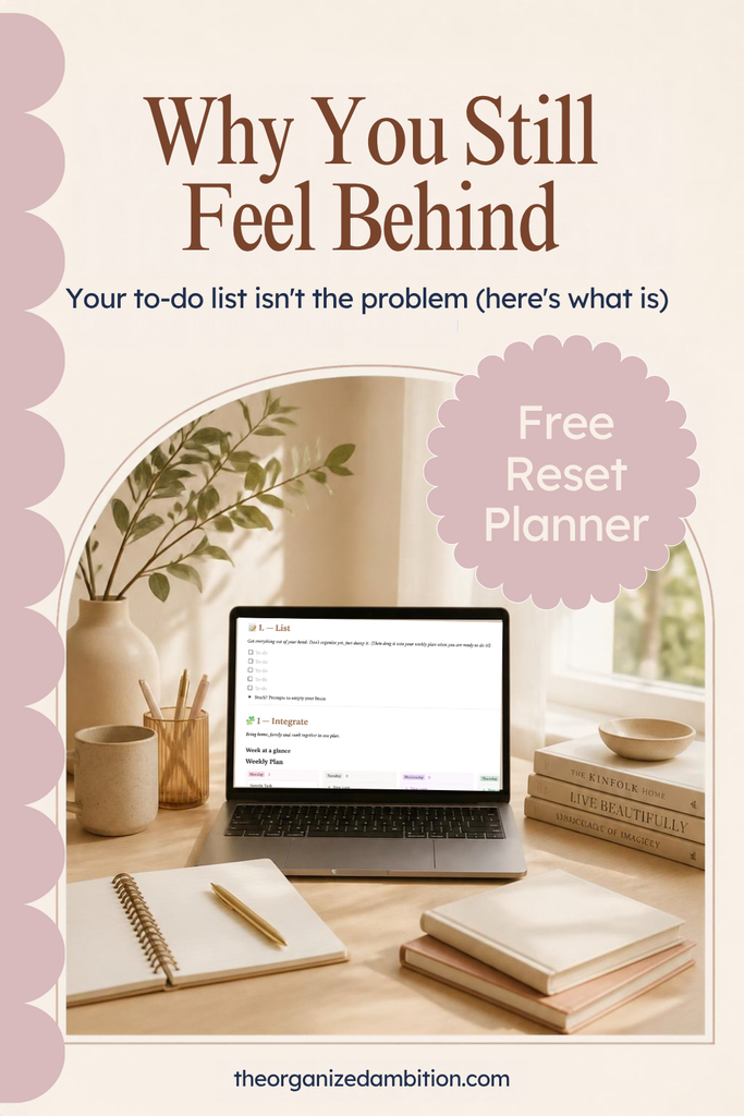 Pin that reads "Why You Still Feel Behind: your to-do list isn't the problem (here's what is)" with a free reset planner badge