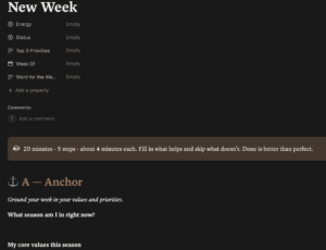 ALIGN weekly reset steps in Notion: Anchor, List, Integrate, Guide, Navigate
